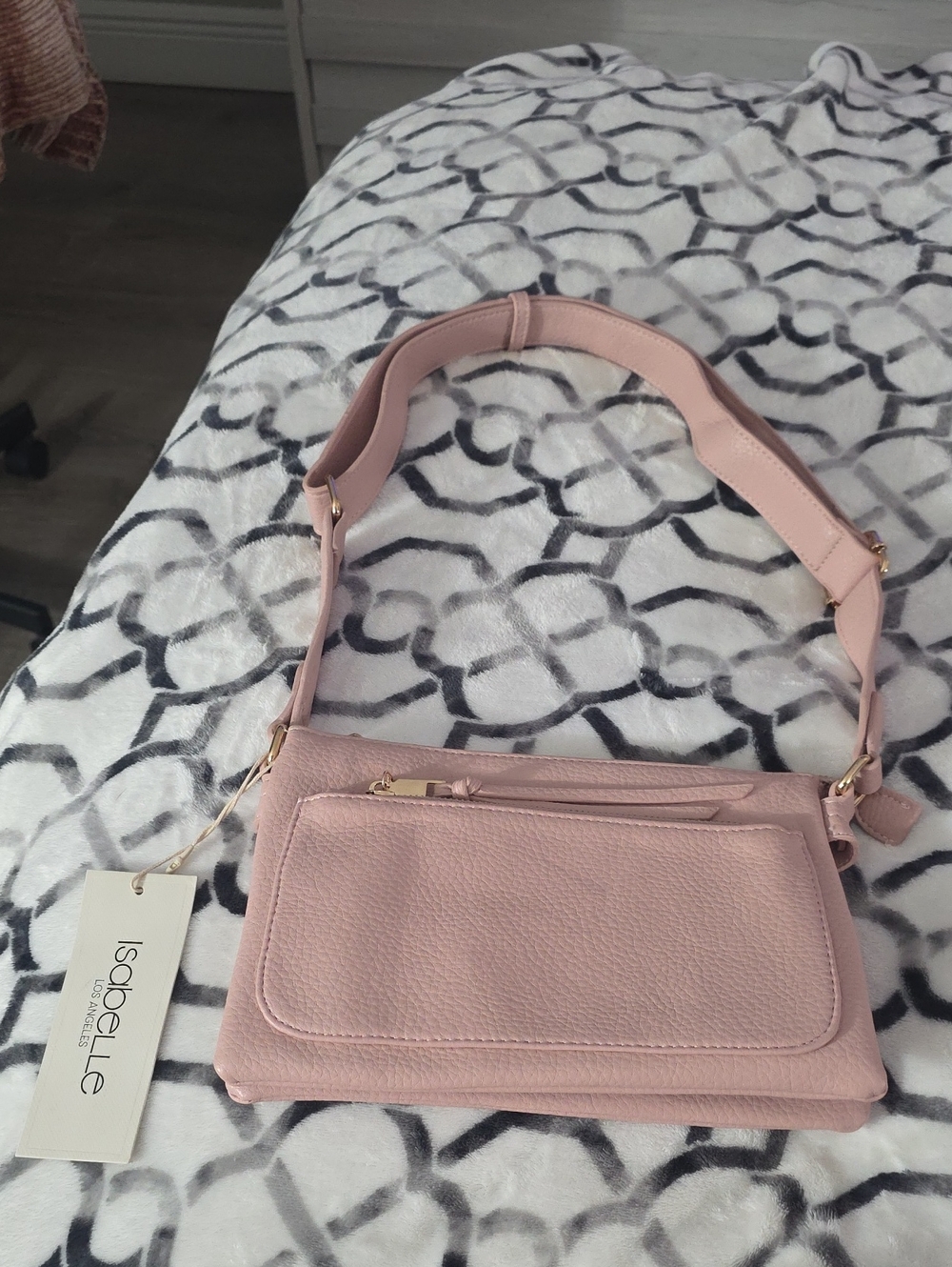 Brand new w/ tags.Isabelle Blush Pink Leather Shoulder Bag with Front Zip Pocket